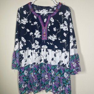 Caleaas Women's 3/4 Bell Sleeve Floral Tunic Blouse Embroidered Large!